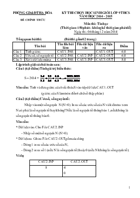 Kỳ thi chọn học sinh giỏi lớp 9 THCS năm học 2014 - 2015 môn thi Tin Học